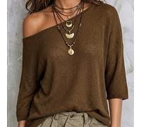 Pull femme ample et décontracté à col asymétrique, tricot gaufré, épaules tombantes et manches 5-points L,M,SUnicoloreTricots