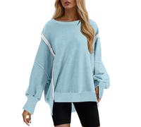 Pull Femme Blanc Sweatshirt Long Irrégulier Sweater Hiver Col Rond Manches Longues Pull Sans Capuche Adolescentes Filles Vêtements Mode Lâche Manches Longues Haut Tops, Bleu clair/B, S