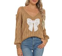 Pull Femme Cachemire,Pull à éPaules DéNudéEs Orné d'un NœUd Brodé en Dentelle Et d'un Motif Tricoté Style DéContracté