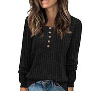 Pull Femme Chic Chaud Pas Cher Couleur Unie Ample Mode Pullover Col Rond/Col V Hauts Manche Longue Pull Femme Hiver Pull Tricoté Chaud Leger Chic et Elegant Cadeau de Ma Mère,Noir,XXL,F13S