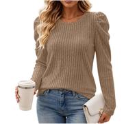 Pull Femme Chic et Élégant Col Rond Haut en Tricot Ajusté Manches Longues | Pullover Femme Manches Bouffantes Maille Côtelée Sweater Élégant avec Épaules Gigot Tops Hiver Chaud Décontracté