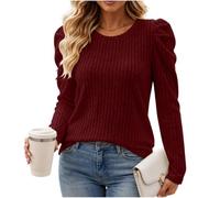 Pull Femme Chic et Élégant Col Rond Haut en Tricot Ajusté Manches Longues | Pullover Femme Manches Bouffantes Maille Côtelée Sweater Élégant avec Épaules Gigot Tops Hiver Chaud Décontracté