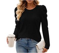 Pull Femme Chic et Élégant Col Rond Haut en Tricot Ajusté Manches Longues | Pullover Femme Manches Bouffantes Maille Côtelée Sweater Élégant avec Épaules Gigot Tops Hiver Chaud Décontracté