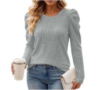 Pull Femme Chic et Élégant Col Rond Haut en Tricot Ajusté Manches Longues | Pullover Femme Manches Bouffantes Maille Côtelée Sweater Élégant avec Épaules Gigot Tops Hiver Chaud Décontracté