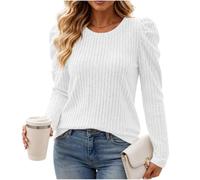 Pull Femme Chic et Élégant Col Rond Haut en Tricot Ajusté Manches Longues | Pullover Femme Manches Bouffantes Maille Côtelée Sweater Élégant avec Épaules Gigot Tops Hiver Chaud Décontracté