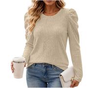 Pull Femme Chic et Élégant Col Rond Haut en Tricot Ajusté Manches Longues | Pullover Femme Manches Bouffantes Maille Côtelée Sweater Élégant avec Épaules Gigot Tops Hiver Chaud Décontracté