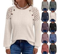 Pull Femme Chic Et Elegant Col Rond, Tee Shirt Manche Longue Femme Oversize, 2025 Nouveau Sweater Ajourée Dentelle T-Shirt Couleur Unie Tricoté Pullover Décontractés Polyvalent Tshirt S-4Xl