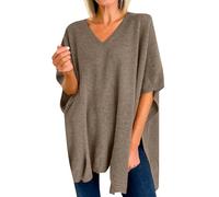 Pull Femme Chic et Elegant col v Casual Pull Cape Long Manche Courte Oversize Pullover tricoté Jersey léger Chaud et Doux Haut Thermique Femme Hiver Large Couleur Unie Ideal Blouse (Coffee, M)