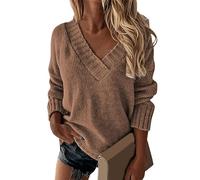 pull femme chic et elegant col v casual pull hiver chaud oversize décontracté pullover tricoté jersey leger pull fin femme manche longue couleur unie thermal quotidien ideal chandail (Coffee, M)