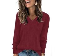 Pull Femme Chic Et Elegant Grande Taille T Shirt Manche Longue Femme Coton Oversize Top Col V Chaude Laine Sweat Pas Cher Polaire Cachemire Slim Fit Classics Tunique Sweatshirts(Vin,XXL)