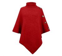 pull femme chic et elegant manche chauve souris Poncho Femme Pull en Tricot à col Montant Quatre Boutons Élégant Ponchos et Cape pull hiver chaud oversize volant mode couleur unie (Red, One Size)