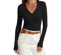 Pull Femme Chic Et Elegant Oversize T Shirt Manche Longue Femme Grande Taille Coton Top Col V Automne Laine Sweat Pas Cher Sport Cachemire Classics Slim Fit Tunique sous Pull(Noir,M)