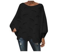 Pull femme chic et elegant soiree casual pull fin manche longue col bateau tricot torsade maille pullover oversize grande taille volants mode chandail crochet décontracté ideal tops (Black, XL)