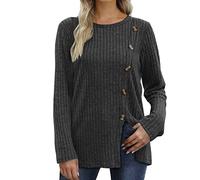 Pull Femme Chic LéGer Sweat Manches Longues Col Rond Automne Hiver DéContracté Pulls Fente Sur Le CôTé à Boutons Pull Pour Femme Tunique à Manches Longues Avec Boutons Et Fente Sur Le Devant