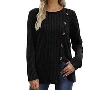 Pull Femme Chic LéGer Sweat Manches Longues Col Rond Automne Hiver DéContracté Pulls Fente Sur Le CôTé à Boutons Pull Pour Femme Tunique à Manches Longues Avec Boutons Et Fente Sur Le Devant
