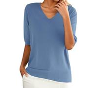Pull Femme Col en V Pull Elégant Couleur Unie Ample Pullover Décontracté Manches Courtes Léger Chandail Printemps Été Automne Sweater Hauts