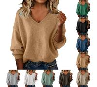 Pull Femme Col V Grande Taille Pullover Fin Manche Longue Décontracté Large | Pullover Chic Et Élégant Mi Saison Sweater Oversize Confortable Sous-Pull Court Sweatshirt Couleur Unie Simple Tee Shirt