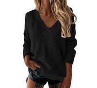Pull Femme Col V- Pull Chaud Tricot Décontracté Coupe Ample Manche Longue Vintage Couleur Unie Sweater Chic Et Élégants Confortable Tempérament Passe-Partout Pullover Sexy Automne Hiver Chandail