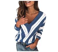 Pull Femme Col V Sexy en Tricot à Rayures Pull Femme Chic Et Elegant Hiver Chaud Rayé Ample Mode Pullover Sweatshirt Vintage Haut Décontracté Manche Longue Pull Tricoté