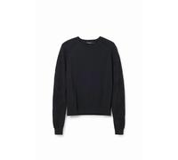 Desigual, Femme, Pulls, Noir, Taille: 36 FR Pull en Coton Noir, Col Rond, Détails Contrastés
