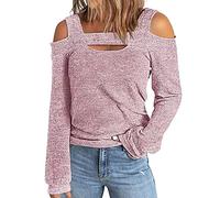 Pull Femme Epaule Denudee Casual Col Rond Leaky Shoulder Manches Longues Sweats Légers Couleur Unie Hedging Tops Sweat-Shirt surdimensionné à Manches Longues pour Femme Pull