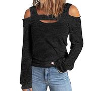 Pull Femme Epaule Denudee Casual Col Rond Leaky Shoulder Manches Longues Sweats Légers Couleur Unie Hedging Tops Sweat-Shirt surdimensionné à Manches Longues pour Femme Pull