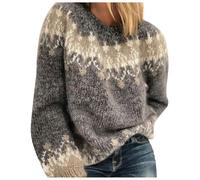 Pull Femme Grande Taille - Norvégien d'hiver Chaud Chic Pull Over Tricoté Col Rond À Manches Longues Sweater Tops Motif Jacquard Tunique Grande Taille Pas Cher Décontractés Vetement Automne-Hiver