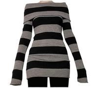 Pull Femme Grande Taille, Pull Femme ÉLéGant à ÉPaule DéNudéE Et Rayures Tricoté Longue Robe Mince Confortable pour Tenue Quotidienne Ou SoiréE