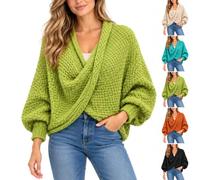 Pull Femme Grosse Maille Cache-Cœur Manches Chauve-Souris Col V | Pull oversize à devant croisé, col V profond et manches longues, coupe ample bohème pour l’automne, l’hiver et le quotidien