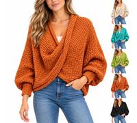 Pull Femme Grosse Maille Cache-Cœur Manches Chauve-Souris Col V | Pull oversize à devant croisé, col V profond et manches longues, coupe ample bohème pour l’automne, l’hiver et le quotidien