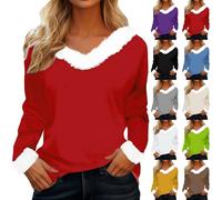 Pull Femme Hiver Chaud Chic Et Élégant, T-Shirt Femme Chic Et Elegant, Tee Shirt Col V T-Shirt Pilou Tshirt Noël Haut Décontractés Top Couleur Unie Vêtements Manche Longue Loungewear Hiver Tshirt