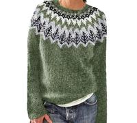 Pull Femme Hiver Chaud Laine Pull Ample - Knit Sweater Grandes Tailles DéContracté Manches Longues Hauts Jacquard Bateau avec Motif Geometrique Vintage Chic Et Elegent
