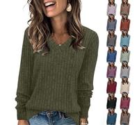 Pull Femme Hiver Chaud Oversize Haut Femme Chic Et Elegant Coton Grande Taille Tee Shirt Col V Polaire Cachemire sous Pull Pas Cher Chaude Laine Slim Fit Basique Top Sweat(Vert armée,XL)