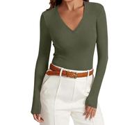 Pull Femme Hiver Chaud Oversize T Shirt Manche Longue Femme Coton Grande Taille Top Col V Chaude Cachemire Sweatshirts Pas Cher Sport Laine Slim Fit Basique Tunique Sweat(Vert armée,XS)