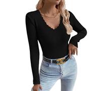 Pull Femme Hiver Couleur Unie Décontractés Haut Tops Mode Slim Pullover Femme col V Chic et Élégant Sweatshirt Confort Chaud Manche Longue T-Shirts Automne Hiver Noir