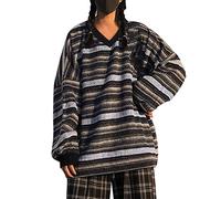 Pull Femme Hiver Grande Taille Pull Grosse Maille, Vetement Chaud Hiver Vintage Rayé Oversized Y2K Col Rond Grunge Hip Hop Hoodies T-Shirt AnnéEs 97 Harajuku Chic