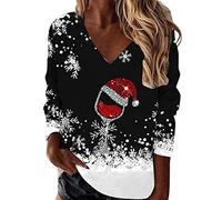 Pull Femme Imprimé Noël- Sweat de Noel Manches Longues-Sweatshirt Col V Ample Chic Pullover Tops Casual Grande Taille Merry Christmas Sweat-Shirt Classique Basique Mode Confortable pour Femmes Haut