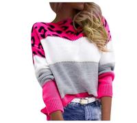 Pull Femme Léopard Manches Longues Col Rond Patchwork Sweatshirt Automne Hiver Élégant Style Norvégien Chaud Pull Lâche Chemisiers Tops, 1 rose vif., XL