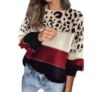Pull Femme Léopard Manches Longues Col Rond Patchwork Sweatshirt Automne Hiver Élégant Style Norvégien Chaud Pull Lâche Chemisiers Tops, 3 Rouge, M