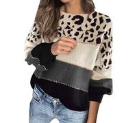 Pull Femme Léopard Manches Longues Col Rond Patchwork Sweatshirt Automne Hiver Élégant Style Norvégien Chaud Pull Lâche Chemisiers Tops, 3 Gris, XXL