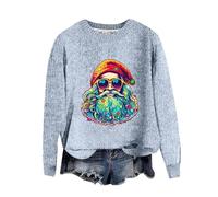 Pull Femme Noel - Pulls Femme Sweat à Capuche à col Rond avec Impression numérique 3D à Aiguille épaisse pour Femme Tendance de la Rue Haut en Tissu à Aiguille épaisse Pull de Noël (Light Blue M)