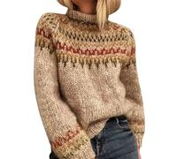 Pull Femme Norvégien d'hiver Chaud Chic Pull Over Tricoté Col Rond À Manches Longues Sweater Tops Motif Jacquard Tunique Grande Taille Pas Cher Décontractés Vetement Femme Automne-Hiver