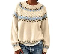 Pull Femme Norvégien d'hiver Chaud Chic Pull Over Tricoté Col Rond À Manches Longues Sweater Tops Motif Jacquard Tunique Grande Taille Pas Cher Décontractés Vetement Femme Automne-Hiver-Chaud