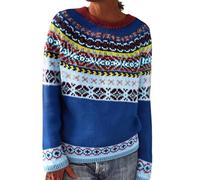 Pull Femme Norvégien d'hiver Chaud Chic Pull Over Tricoté Col Rond À Manches Longues Sweater Tops Motif Jacquard Tunique Grande Taille Pas Cher Décontractés Vetement Femme Automne-Hiver