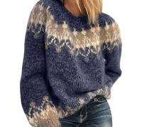 Pull Femme Norvégien d'hiver Chaud Chic Pull Over Tricoté Col Rond À Manches Longues Sweater Tops Motif Jacquard Tunique Grande Taille Pas Cher Décontractés Vetement Femme Automne-Hiver