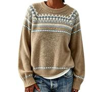 Pull Femme Norvégien d'hiver Chaud Chic Pull Over Tricoté Col Rond À Manches Longues Sweater Tops Motif Jacquard Tunique Grande Taille Pas Cher Décontractés Vetement Femme Automne-Hiver-Chic