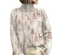 Pull Femme pour Les Fetes Pull Femme Gilet Women S 2024 Winter Sweater Casual High Collar Long Sleeve Loose Printed Pullover Sweater Jumper Tops Chaud Hiver Pullover Chic Beige M
