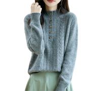 Pull Femme Pull en Maille Torsadée pour Femme Manches Longues 100% Laine Mérinos Col Henry Fermeture Boutonnée Col V Tunique Douce Et Chaude Gris Taille S