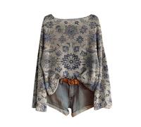 Pull Femme Vintage Imprimé Floral Bohème Pullover Tricoté Femme Grande Taille Manches Longues Oversize Sweater en Maille Chic et Élégant Mode Ample Hauts Automne Hiver Tops Style Boheme