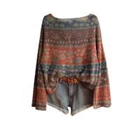 Pull Femme Vintage Imprimé Floral Bohème Pullover Tricoté Femme Grande Taille Manches Longues Oversize Sweater en Maille Chic et Élégant Mode Ample Hauts Automne Hiver Tops Style Boheme